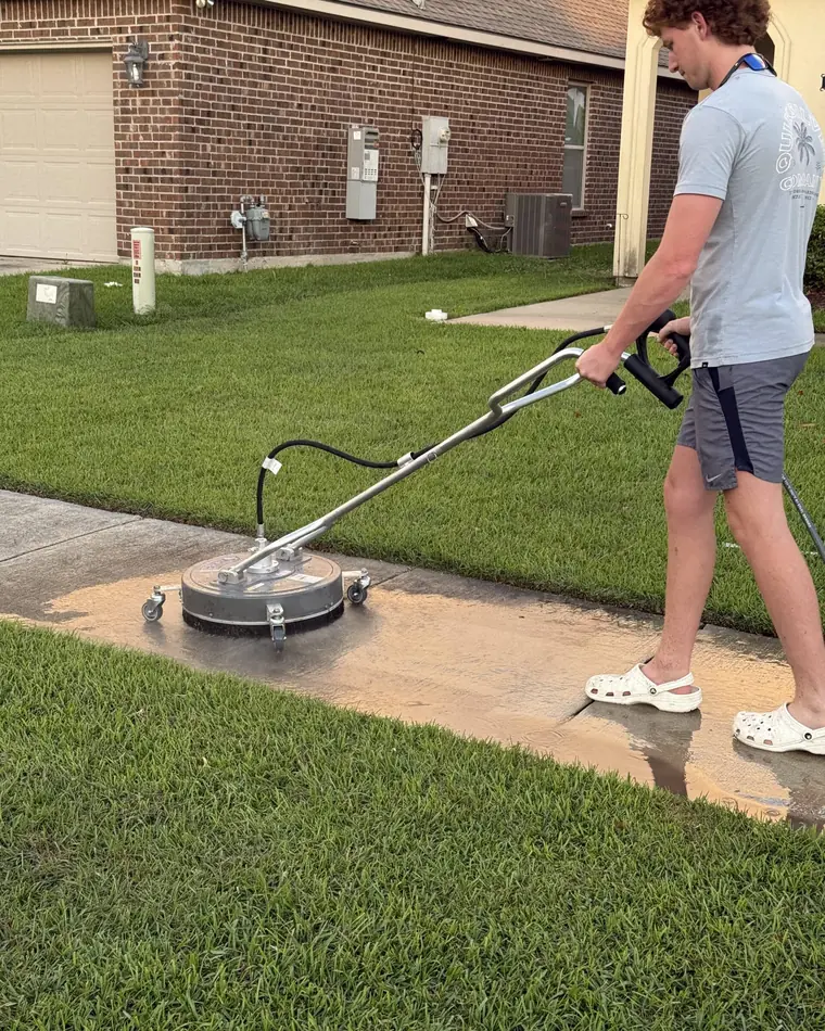 Pro Clean Surface Works crew member surface-cleaning a sidewalk in Baton Rouge
