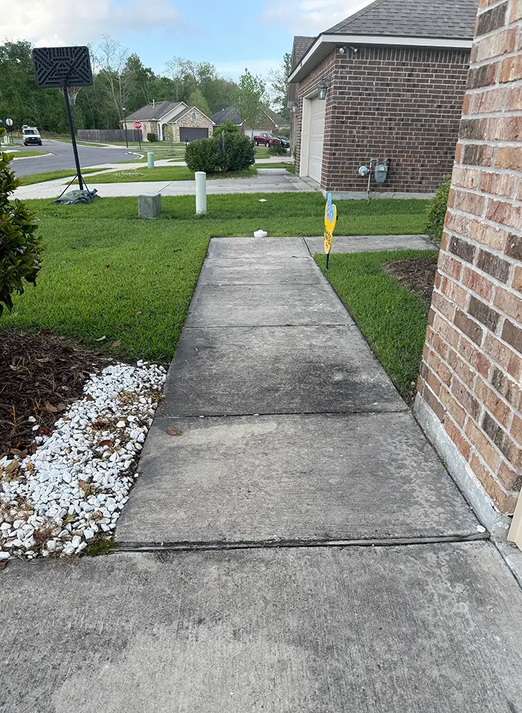 Sidewalk before pressure washing, stained with mildew